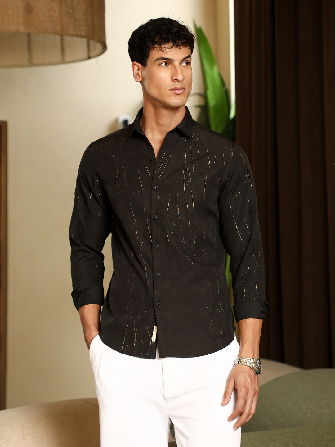 Campus Sutra Metallic-Crushed Textured Shirt