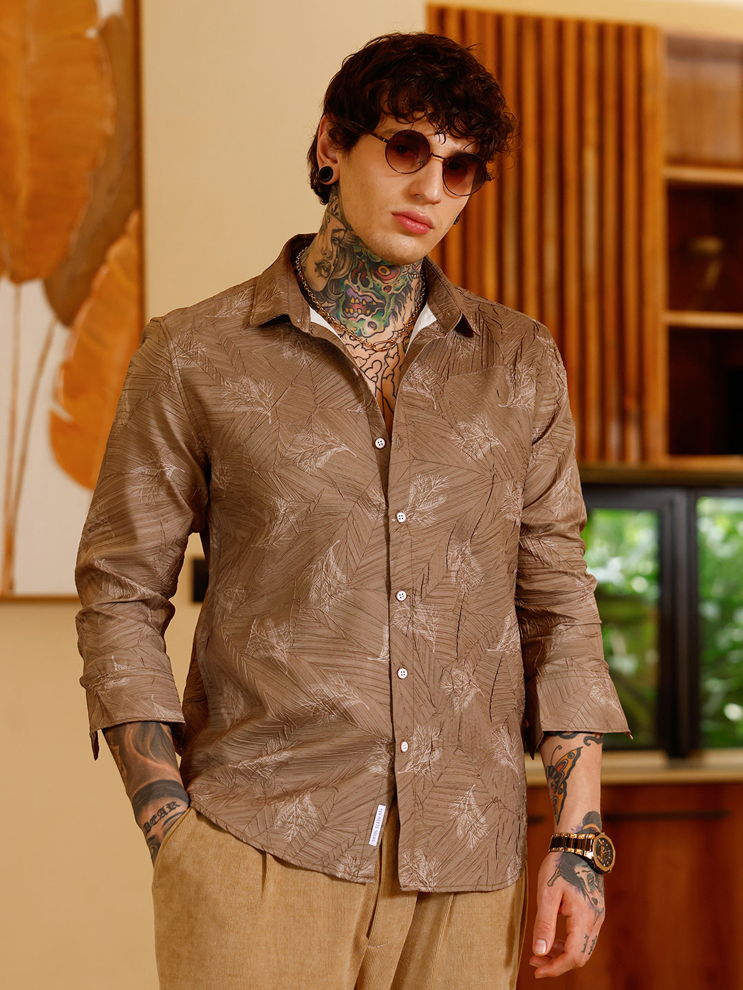 Campus Sutra Twig-Imprint Foliage-Tactile Shirt