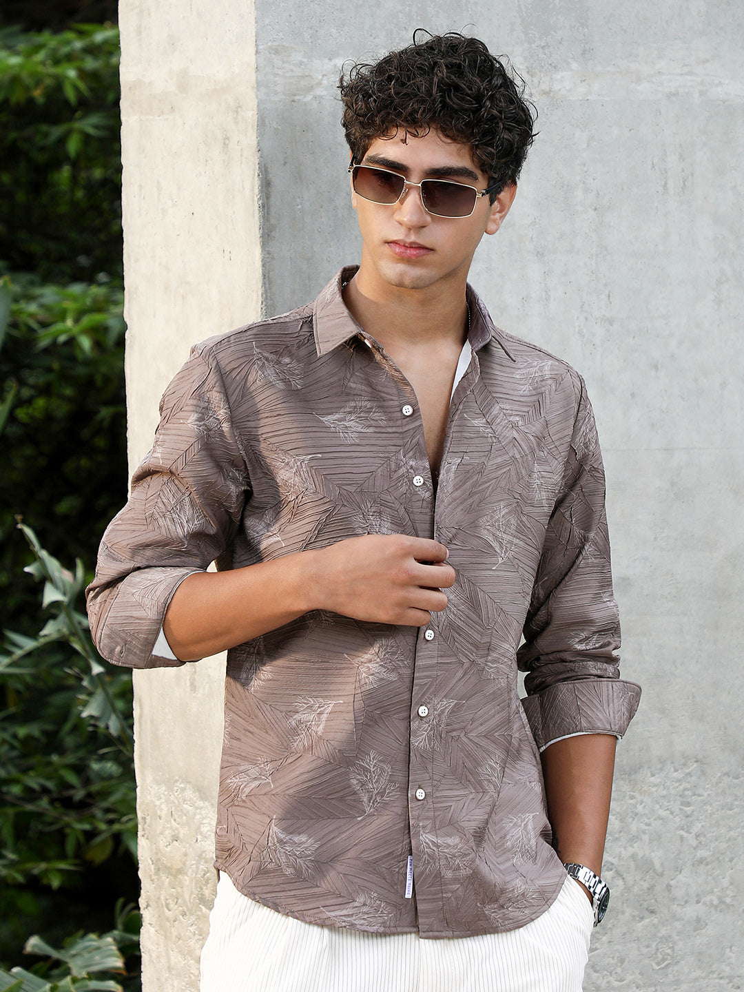 Campus Sutra Twig-Imprint Foliage-Tactile Shirt