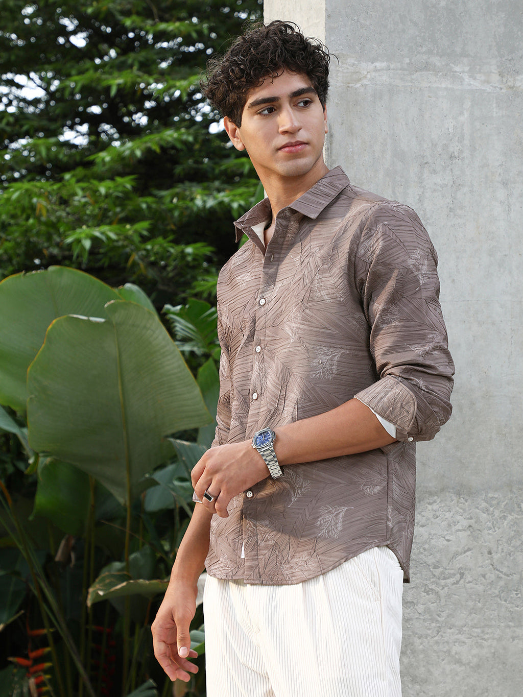 Campus Sutra Twig-Imprint Foliage-Tactile Shirt