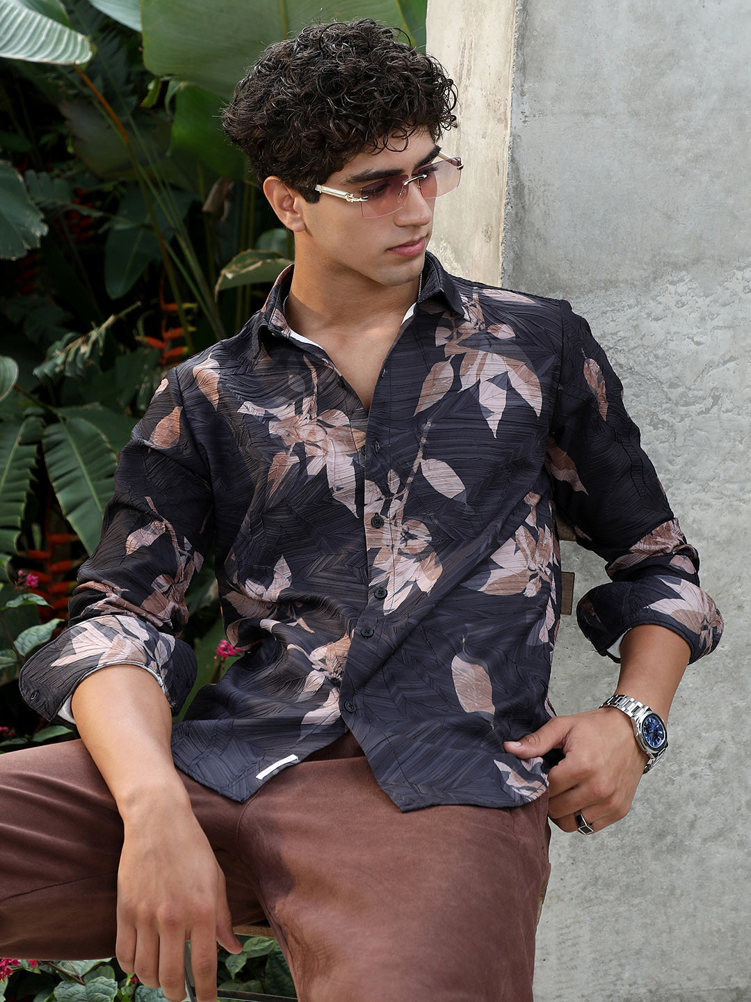 Campus Sutra Imprinted Foliage Textured Shirt
