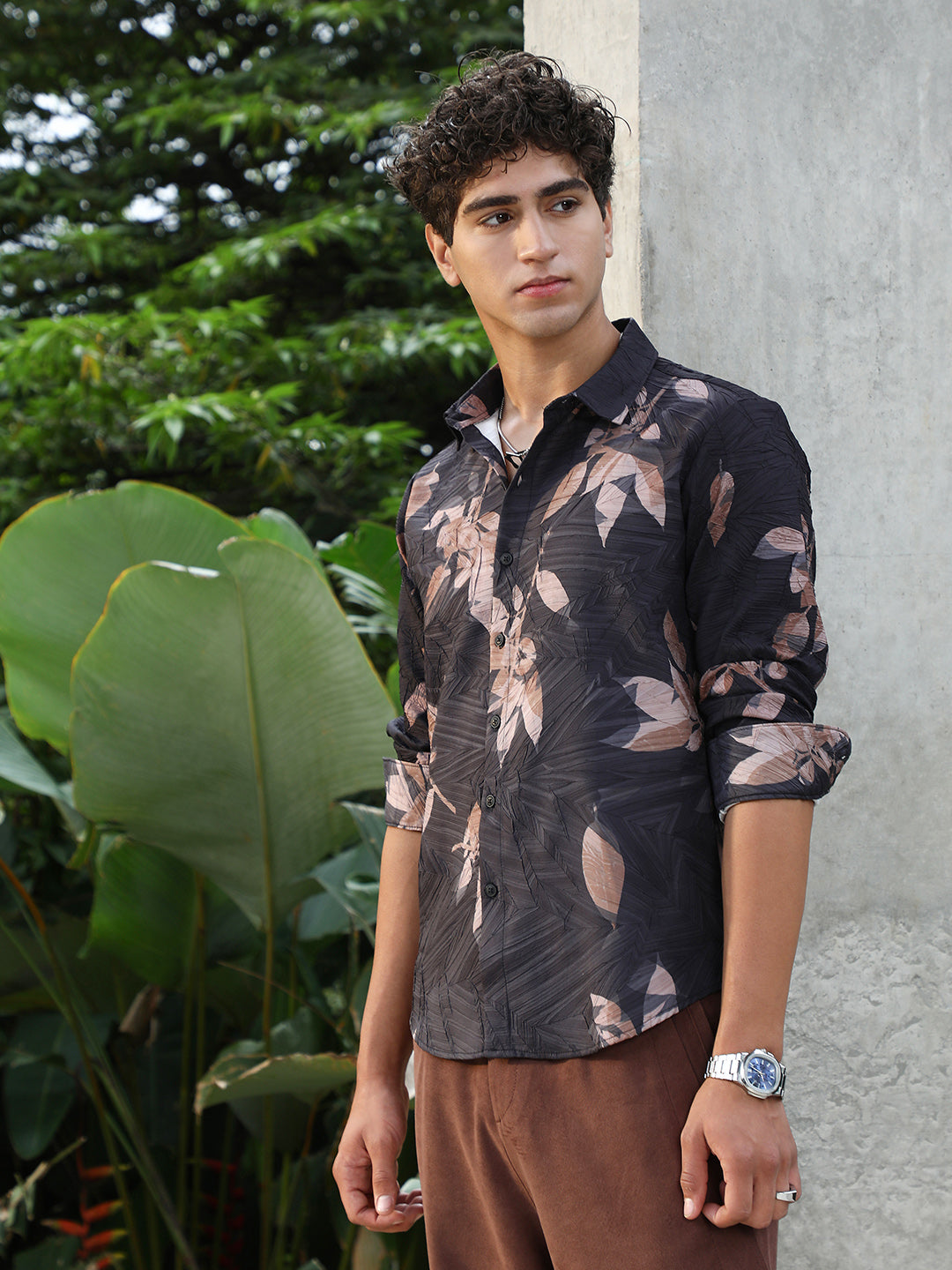 Campus Sutra Imprinted Foliage Textured Shirt