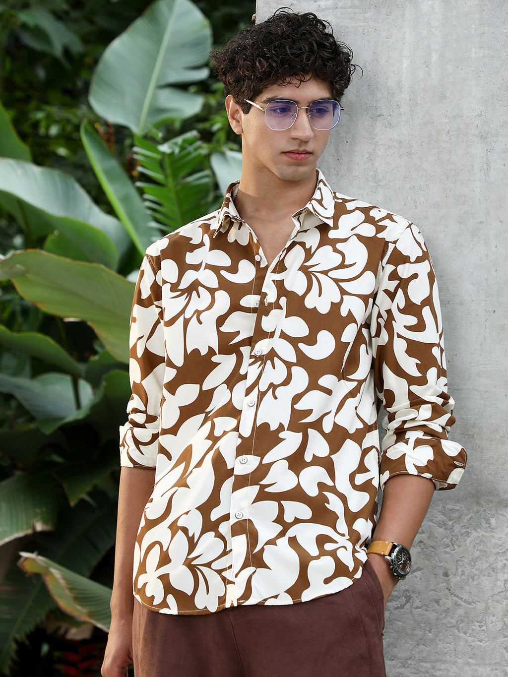 Campus Sutra Contrast-Botanics Imprint Shirt