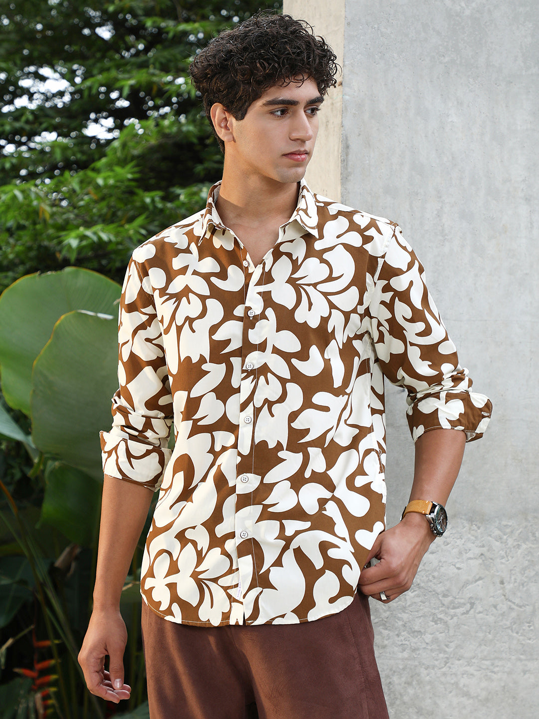 Campus Sutra Contrast-Botanics Imprint Shirt