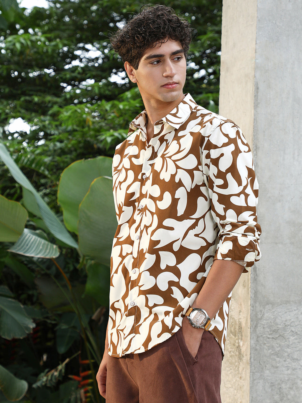 Campus Sutra Contrast-Botanics Imprint Shirt