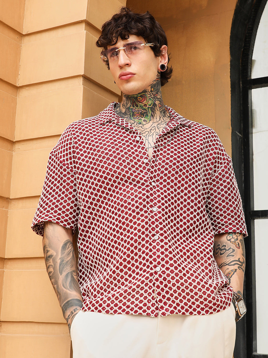 Campus Sutra Geometric-Crochet Cuban Oversized Shirt