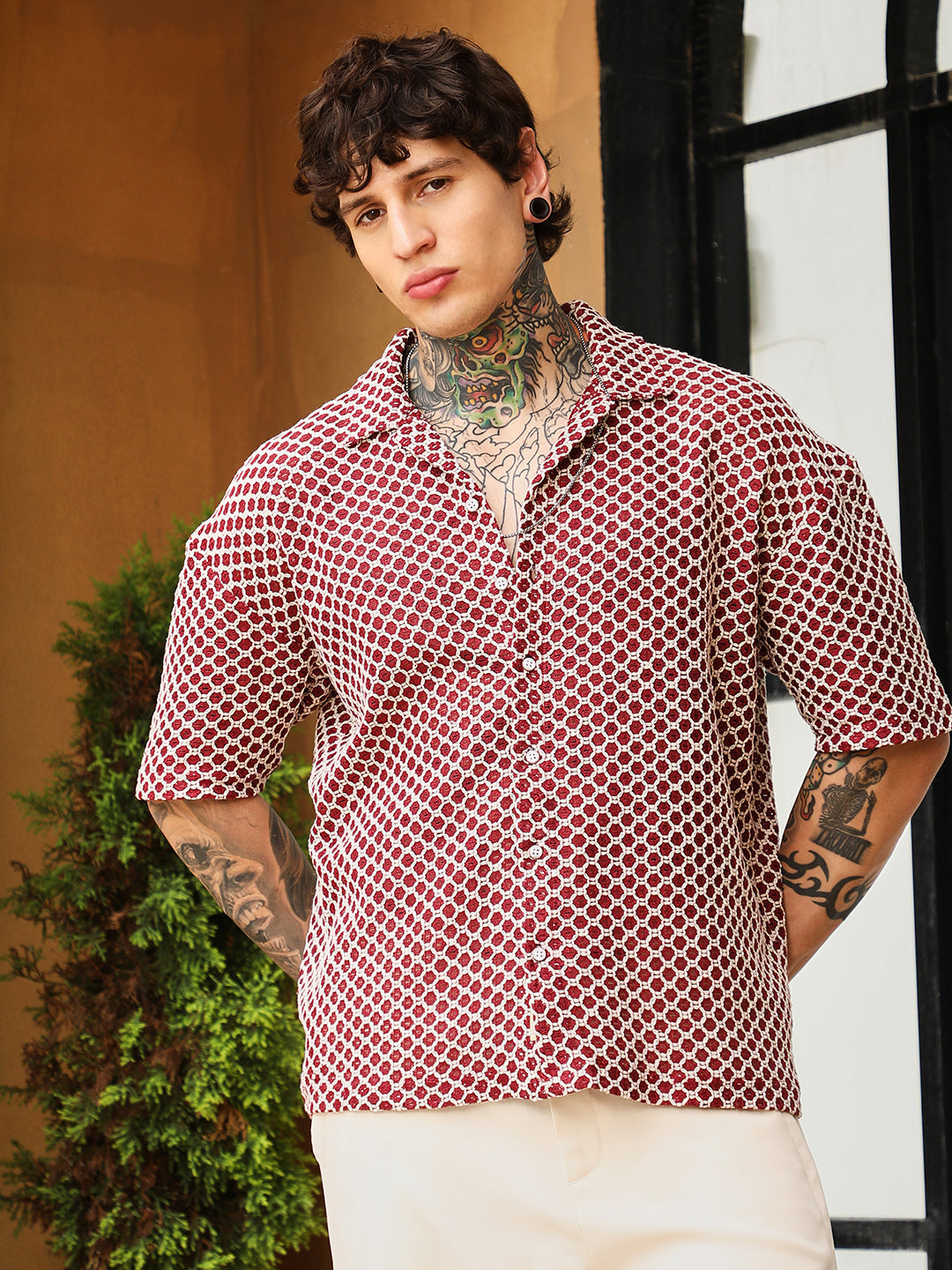 Campus Sutra Geometric-Crochet Cuban Oversized Shirt