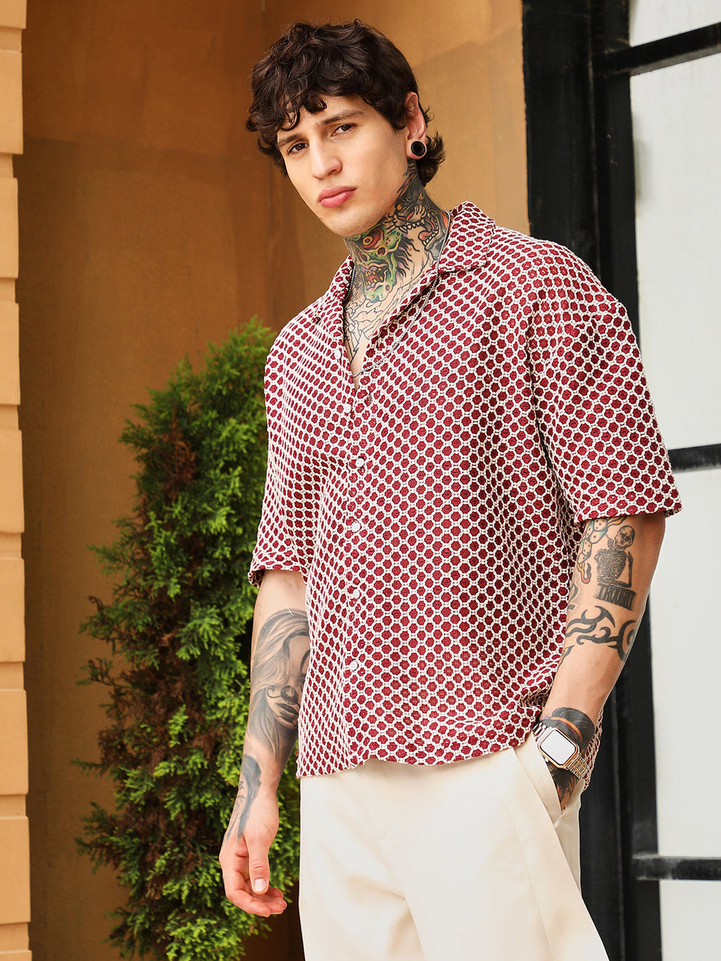 Campus Sutra Geometric-Crochet Cuban Oversized Shirt