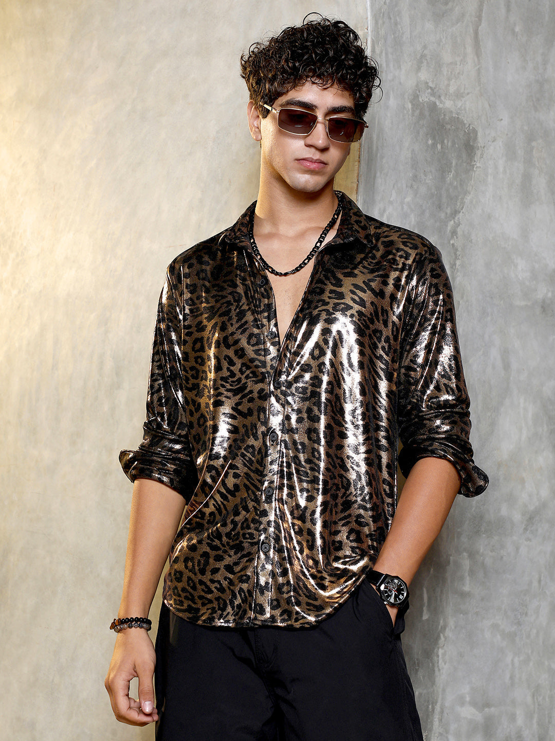 Campus Sutra Metallic-Cheetah Velvet Shirt