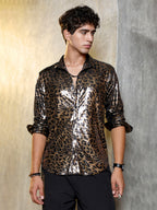 Campus Sutra Metallic-Cheetah Velvet Shirt