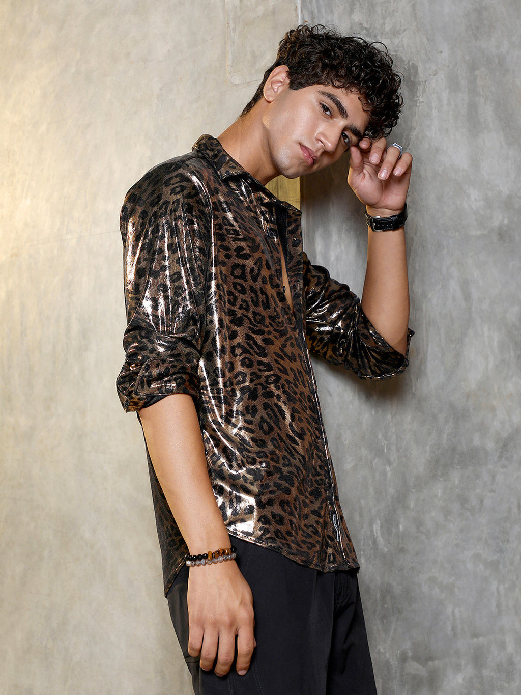 Campus Sutra Metallic-Cheetah Velvet Shirt
