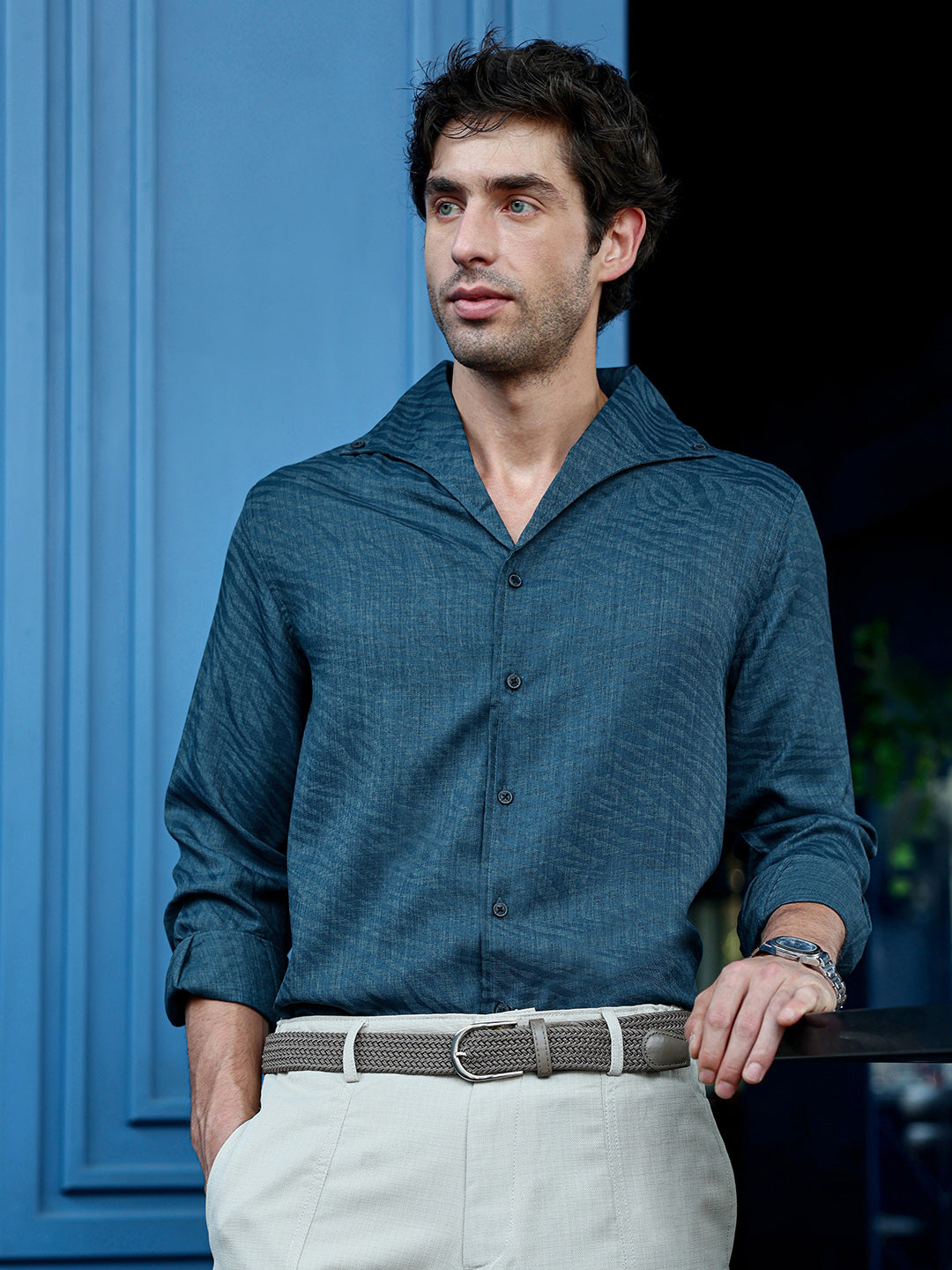 Campus Sutra Men's Teal Textured Full Sleeve Cuban Collar Shirt