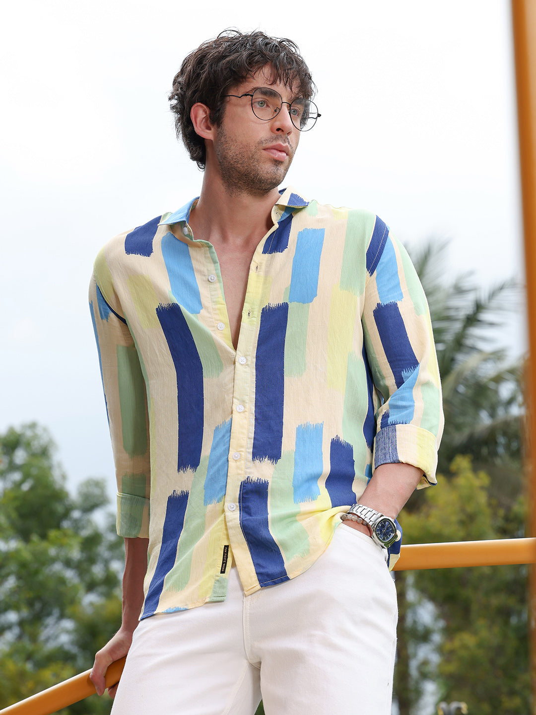 Campus Sutra Pigment-Strokes Imprint Shirt