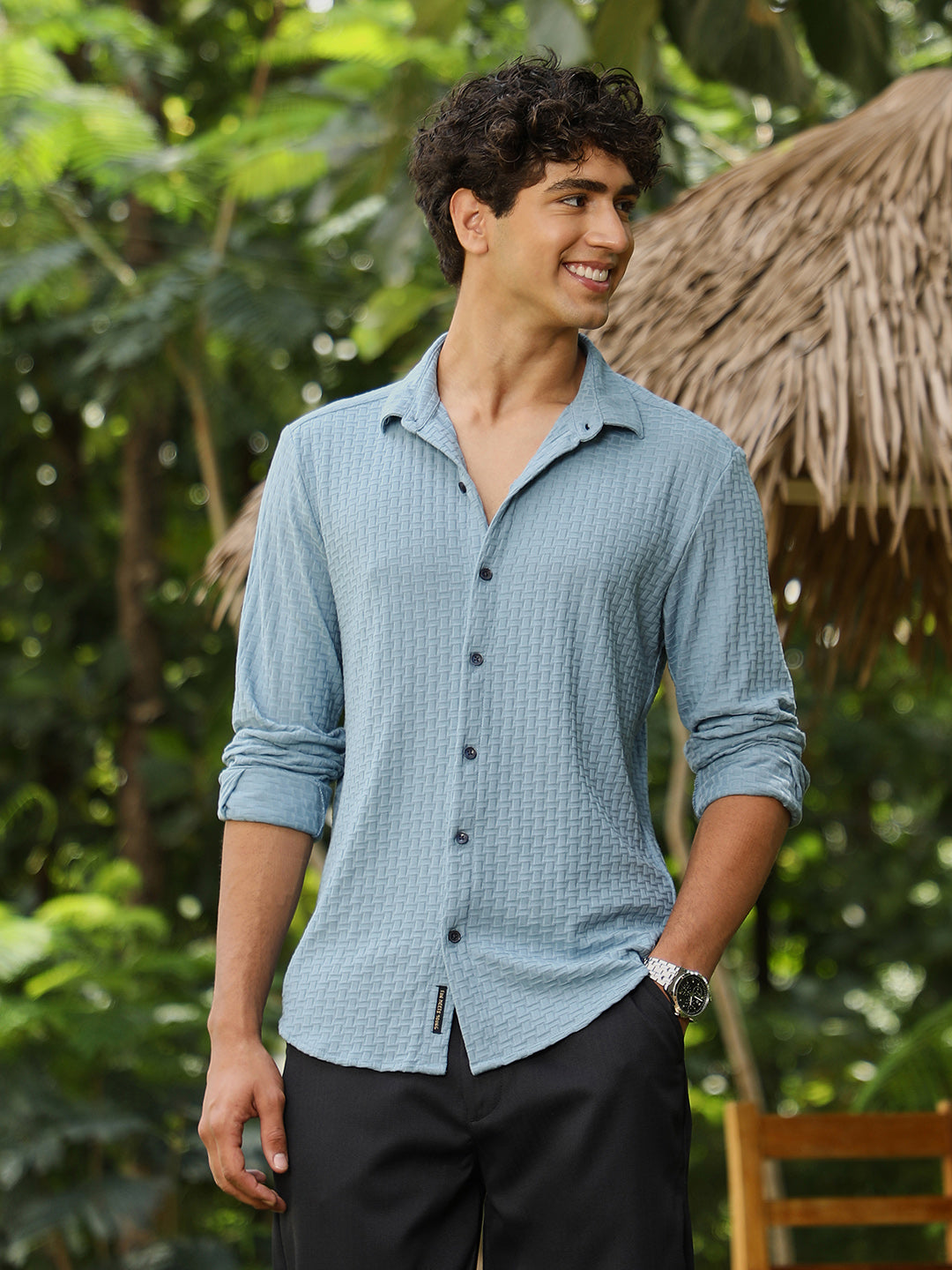 Campus Sutra Basket-Knit Jacquard Shirt