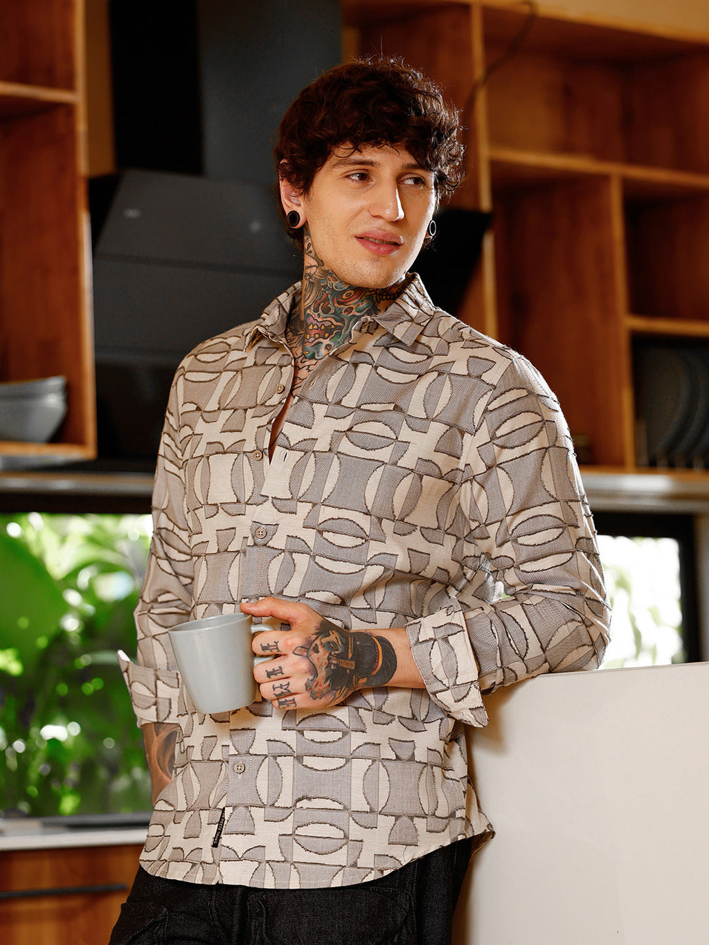 Campus Sutra Geometric-Curve Jacquard Shirt