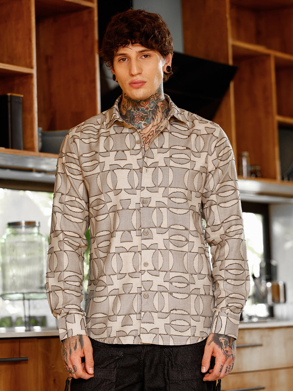 Campus Sutra Geometric-Curve Jacquard Shirt