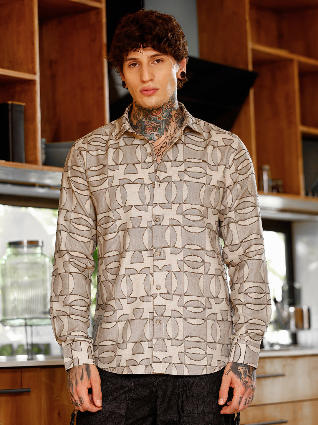 Campus Sutra Geometric-Curve Jacquard Shirt