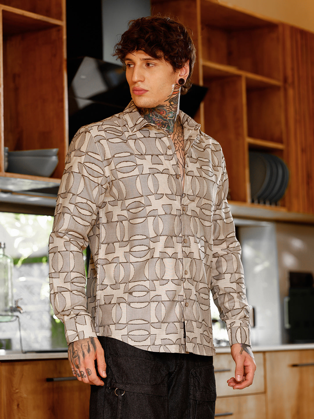 Campus Sutra Geometric-Curve Jacquard Shirt