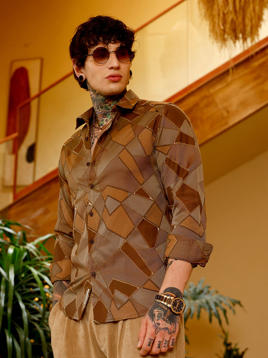 Campus Sutra Block-Geometric Jacquard Shirt