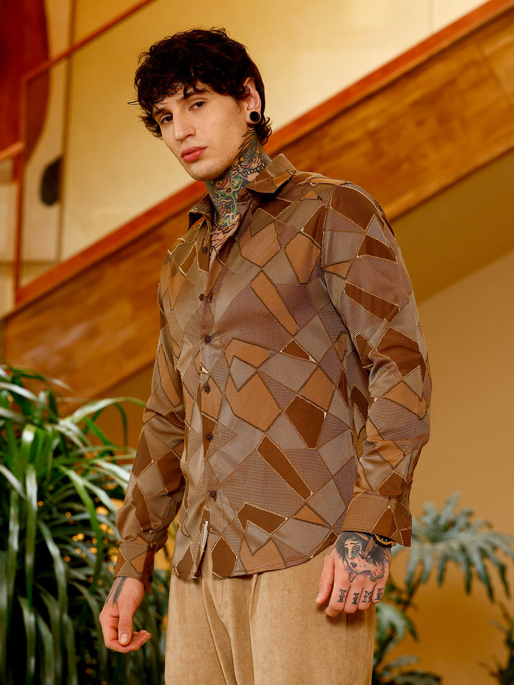 Campus Sutra Block-Geometric Jacquard Shirt