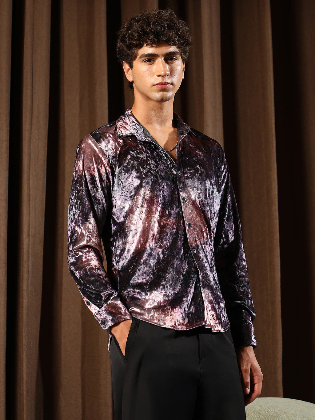 Campus Sutra Contrast-Blur Imprint Velvet Shirt