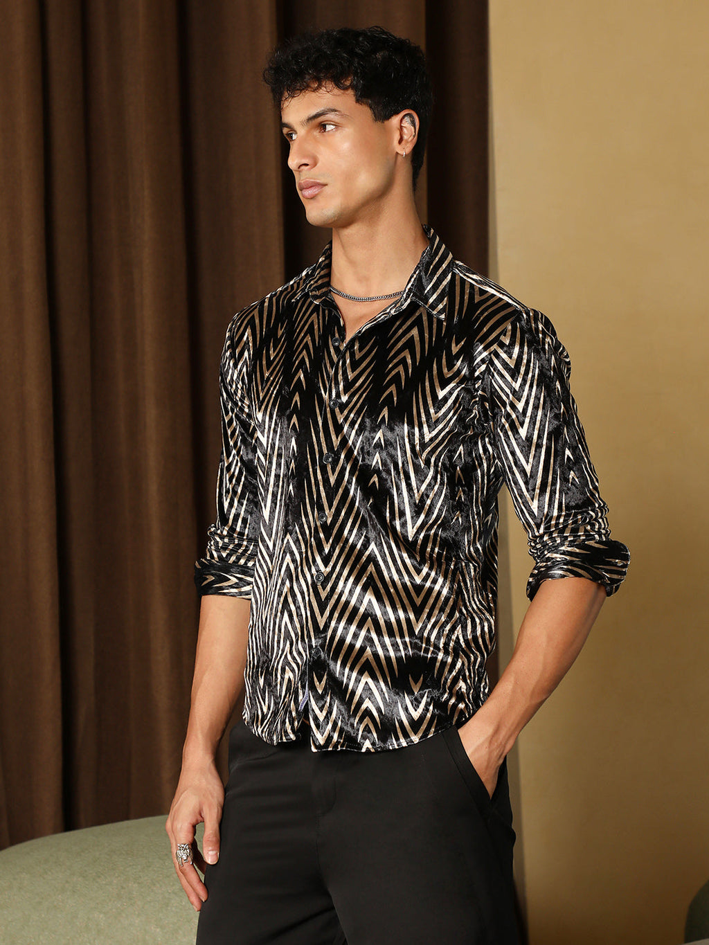 Campus Sutra Metallic-Chevron Imprint Velvet Shirt