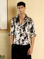 Campus Sutra Contrast-Botanical Imprint Velvet Shirt
