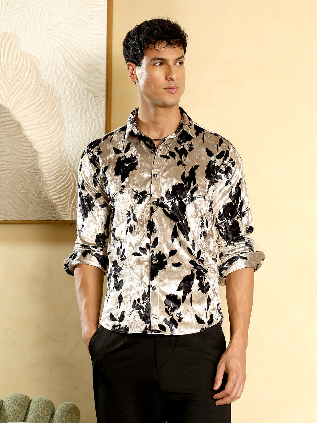 Campus Sutra Contrast-Botanical Imprint Velvet Shirt