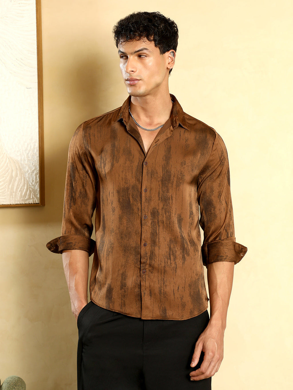 Campus Sutra Gleaming-Grazed Satin Shirt