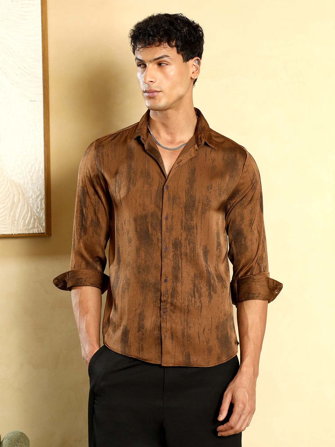 Campus Sutra Gleaming-Grazed Satin Shirt
