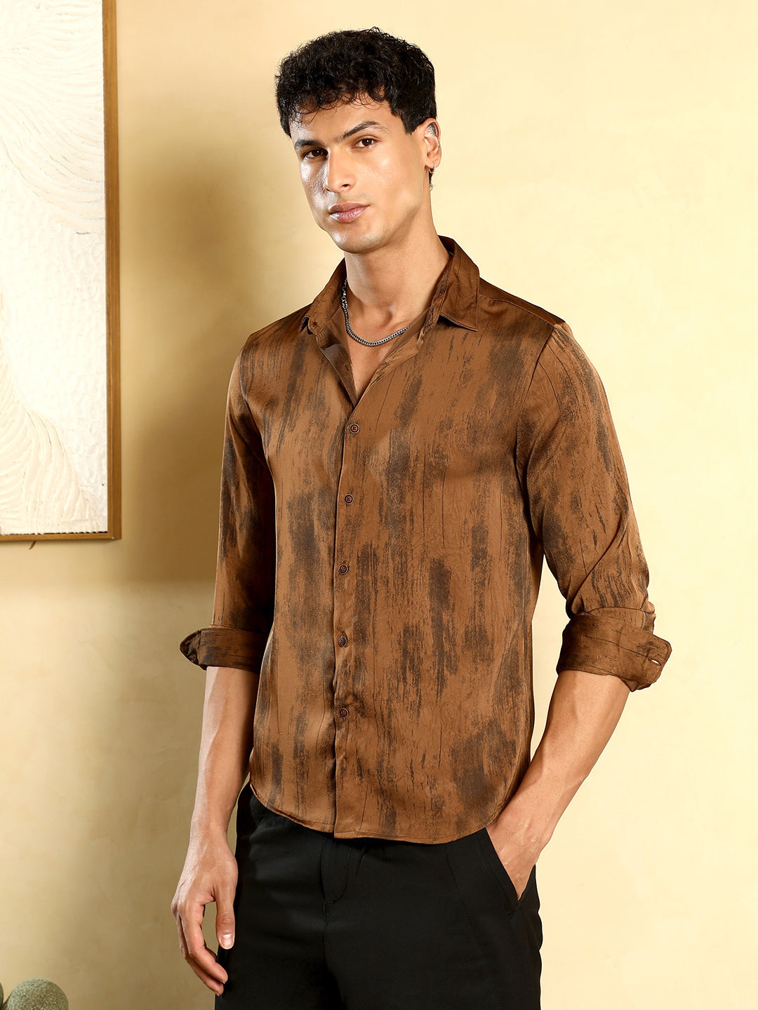 Campus Sutra Gleaming-Grazed Satin Shirt