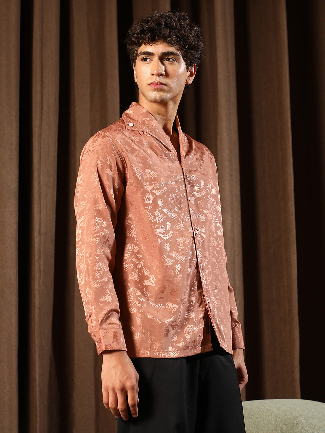 Campus Sutra Flake-Jacquard Satin Shirt