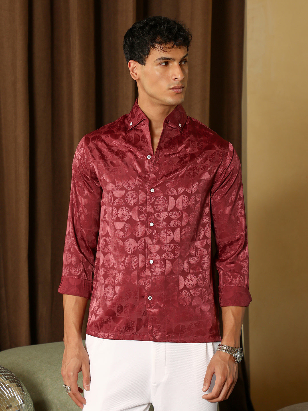 Campus Sutra Semicurve-Jacquard Satin Shirt