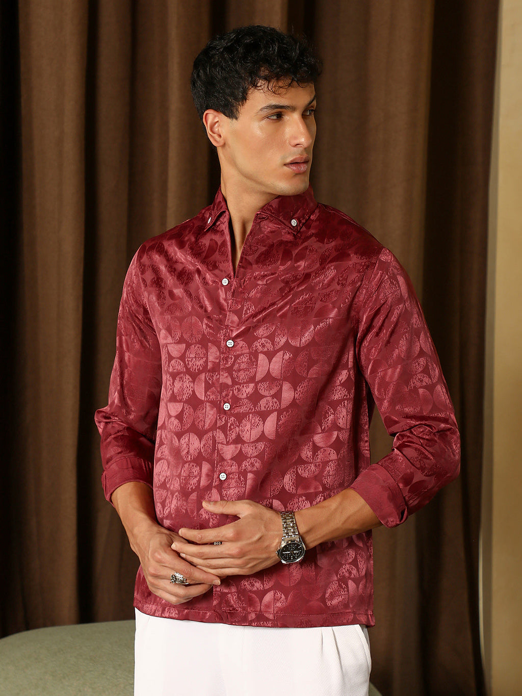 Campus Sutra Semicurve-Jacquard Satin Shirt