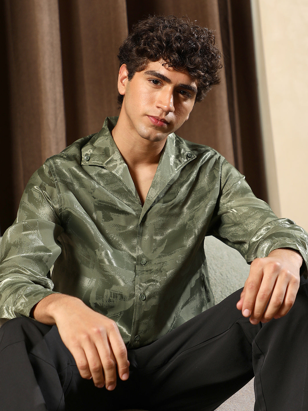 Campus Sutra Abstract-Jacquard Satin Shirt
