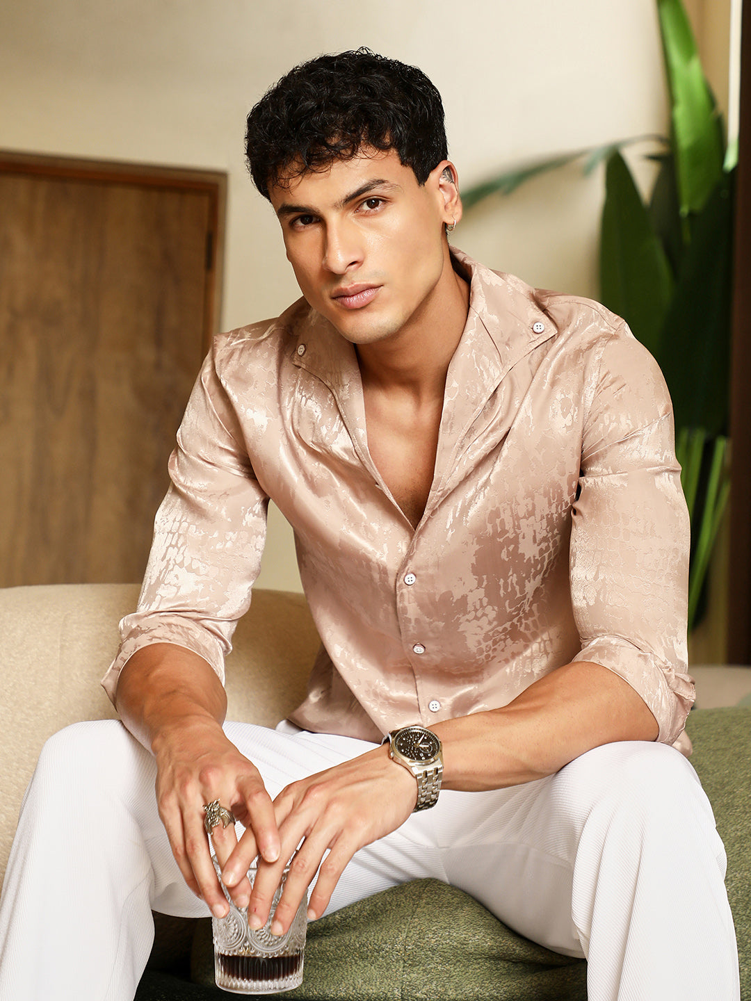 Campus Sutra Droplet-Jacquard Satin Shirt