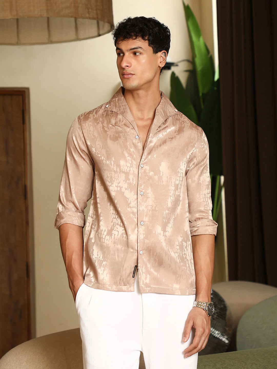 Campus Sutra Droplet-Jacquard Satin Shirt