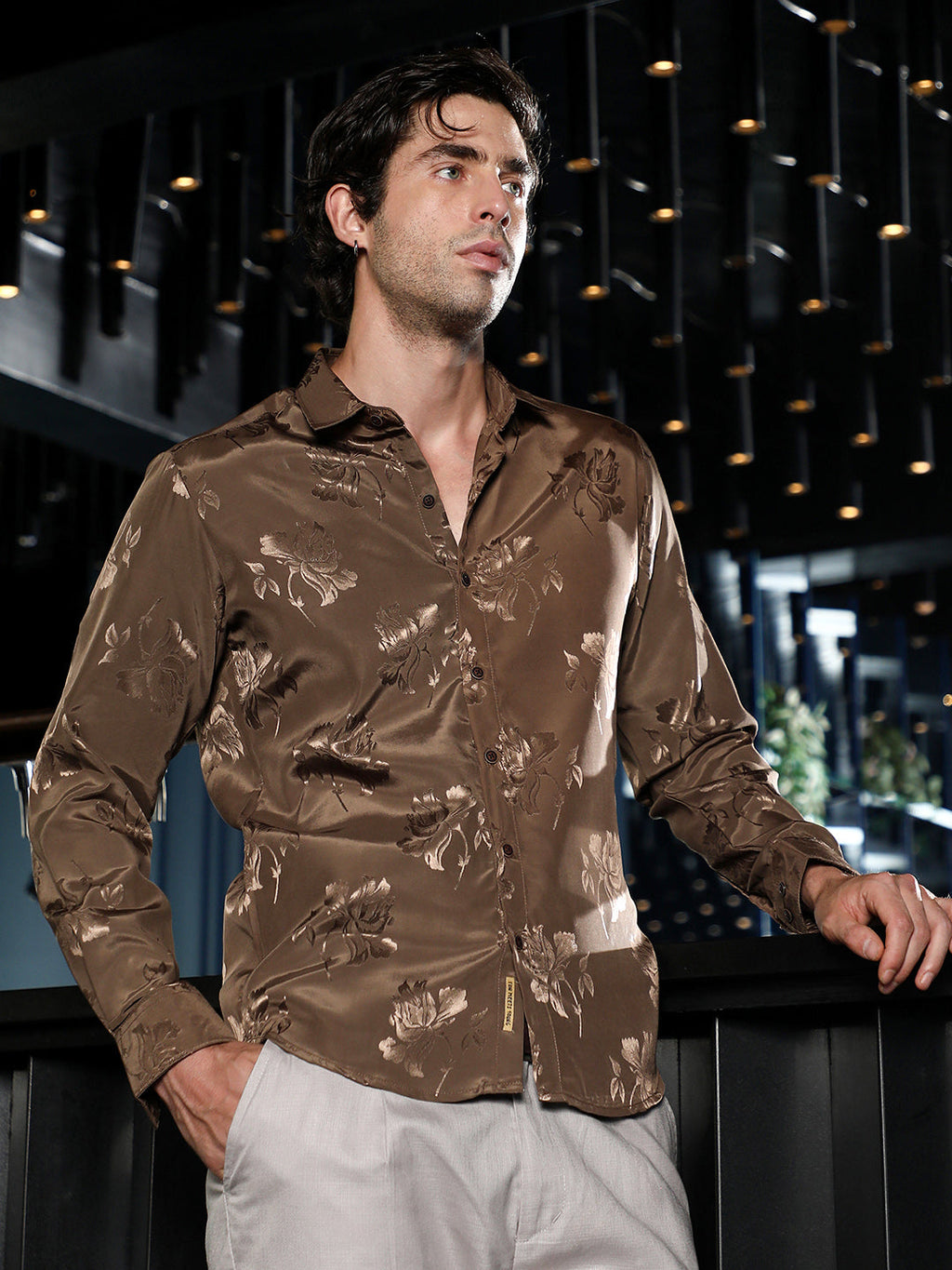 Campus Sutra Roses-Jacquard Satin Shirt