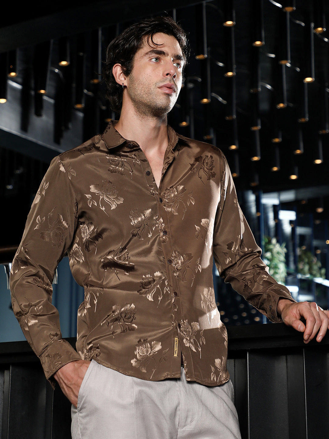 Campus Sutra Roses-Jacquard Satin Shirt