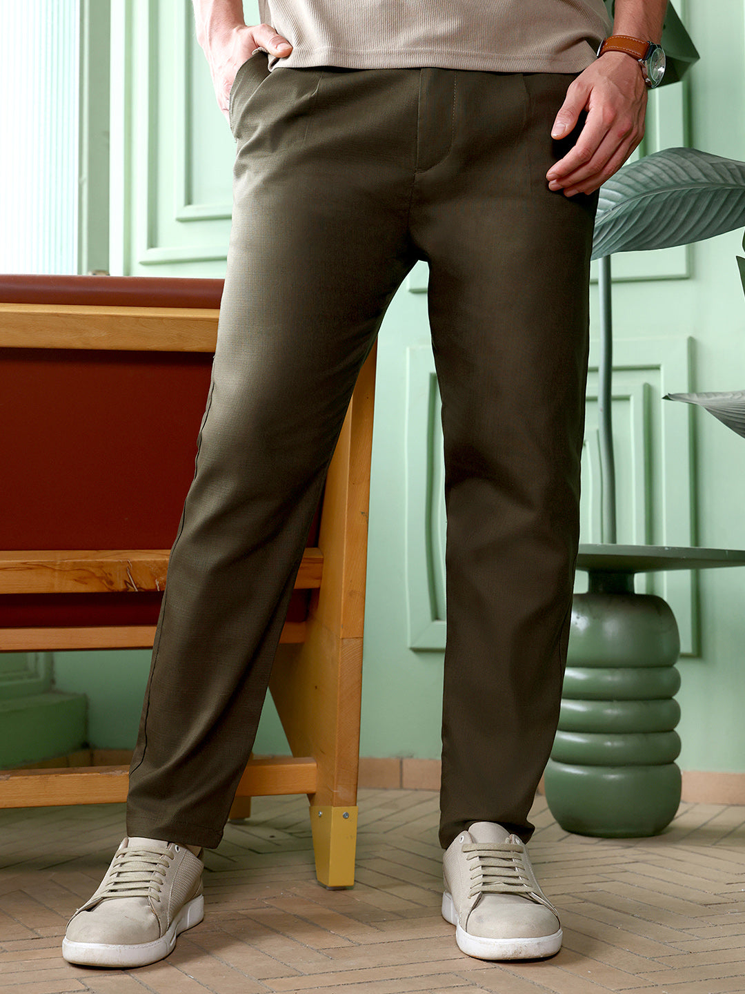 Campus Sutra Pleated Slim-Tailored Trousers