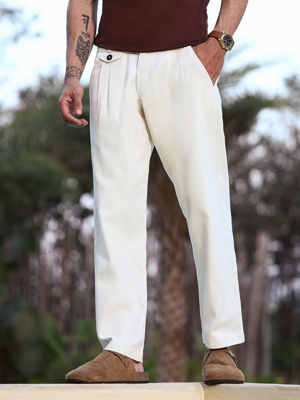 Campus Sutra Off-White Pleated Cotton Trousers