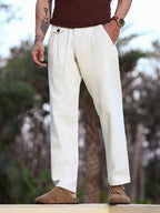 Campus Sutra Off-White Pleated Cotton Trousers