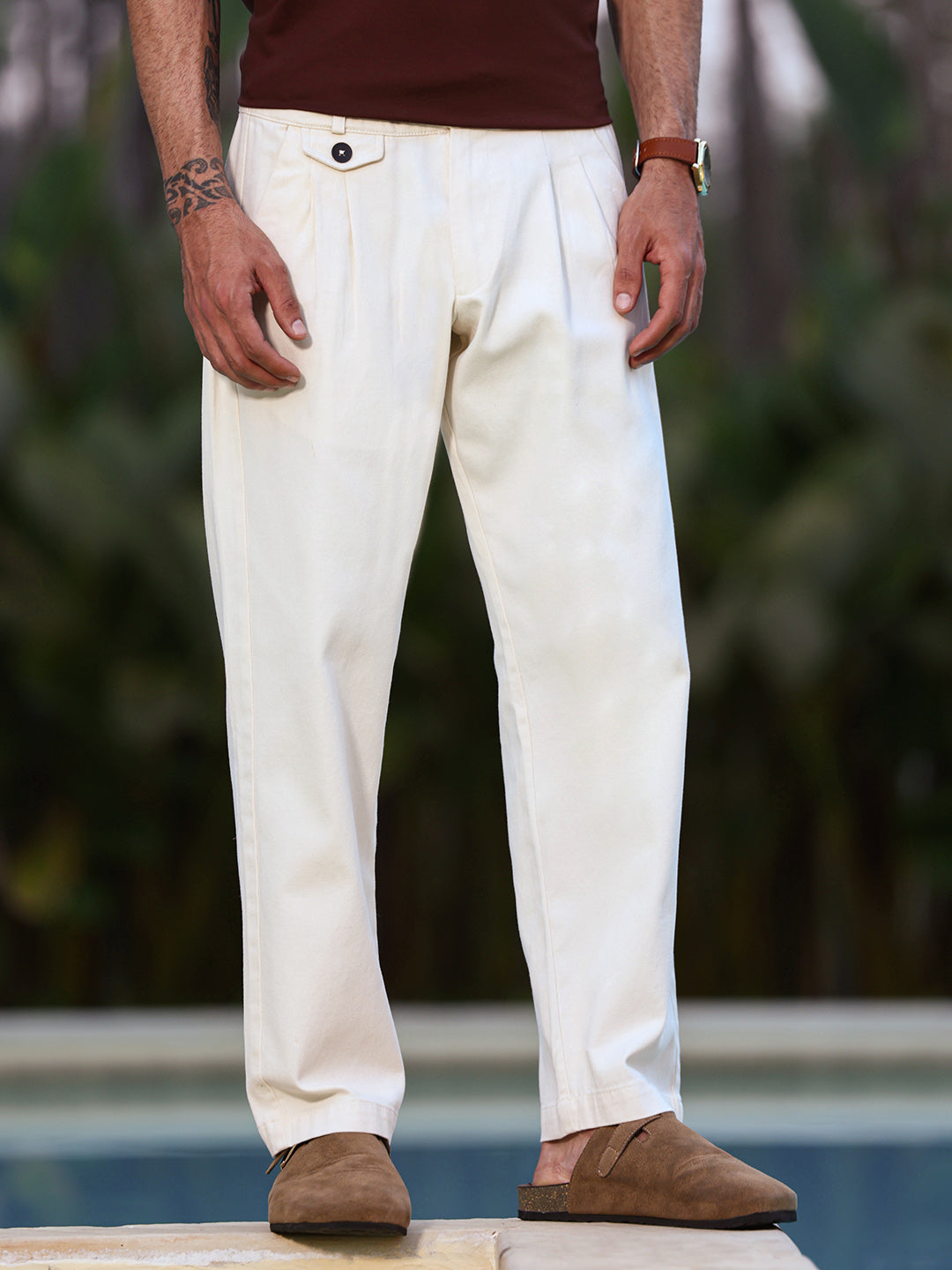 Campus Sutra Off-White Pleated Cotton Trousers