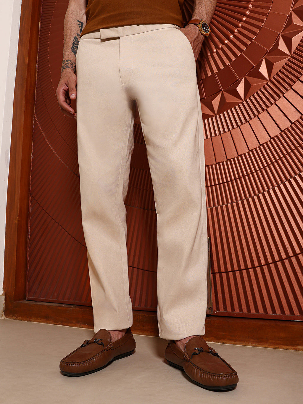 Campus Sutra Beige Regular Fit Cotton Trousers