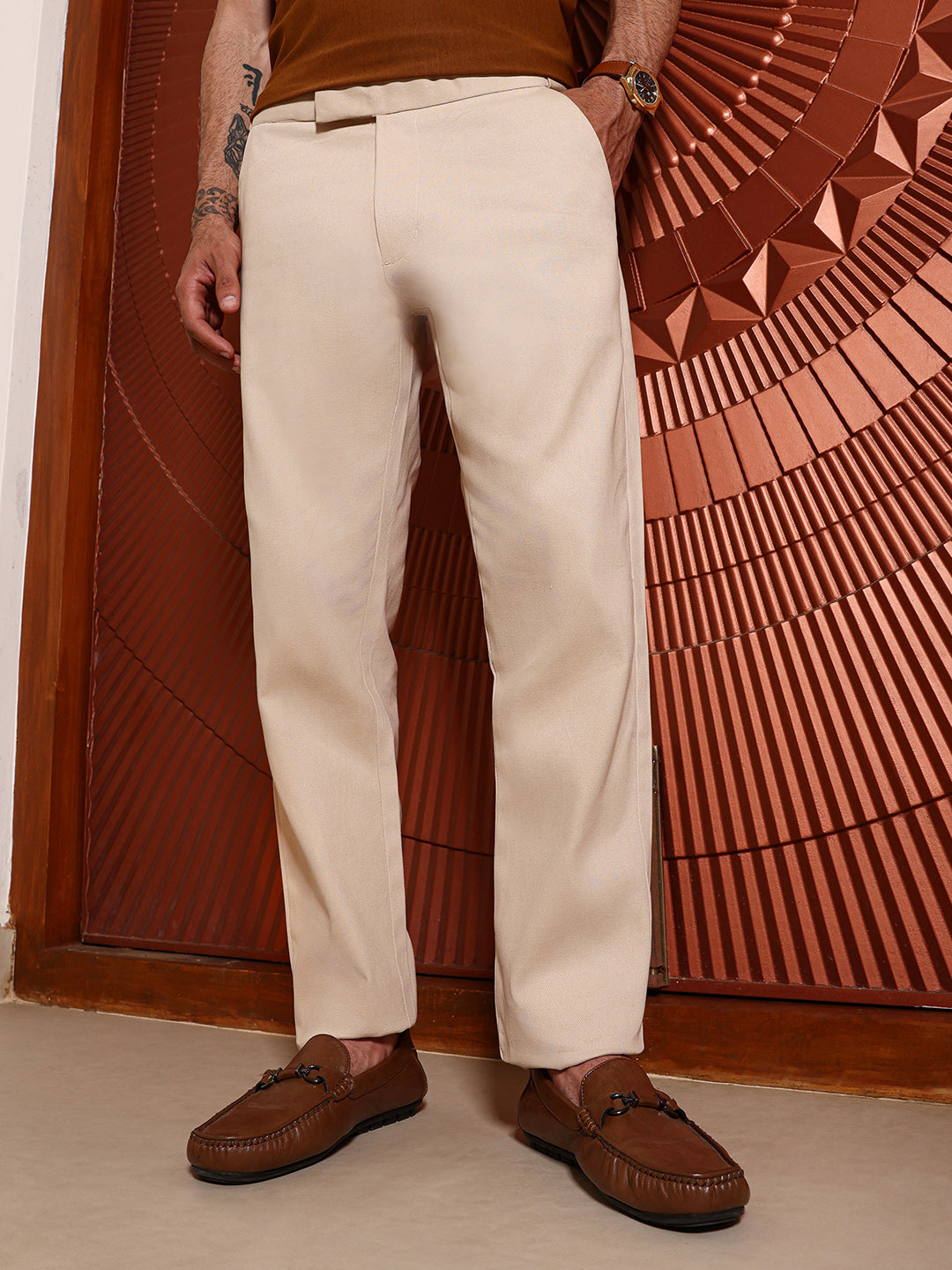 Campus Sutra Beige Regular Fit Cotton Trousers