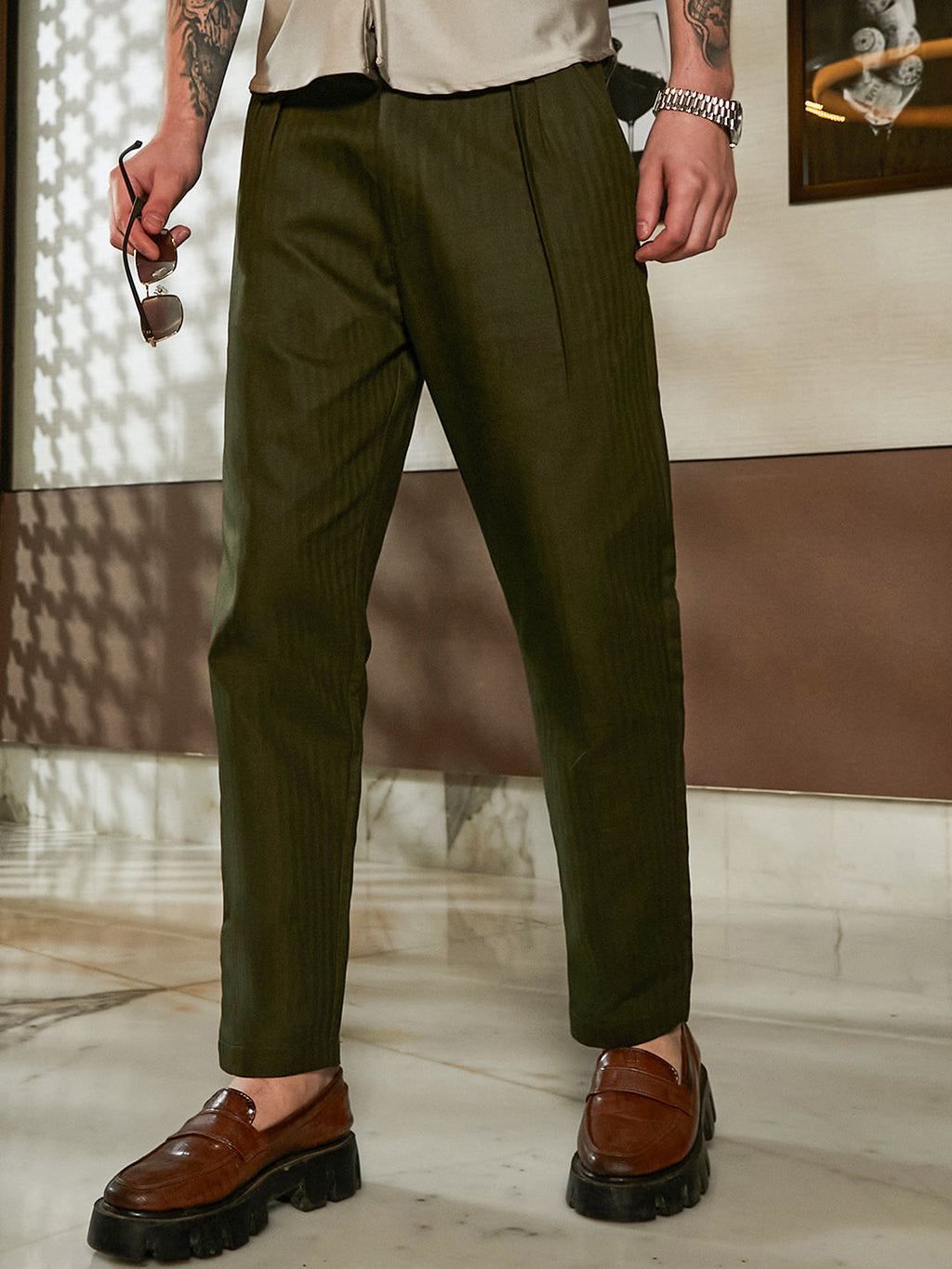 Campus Sutra Striped Tailored Trousers