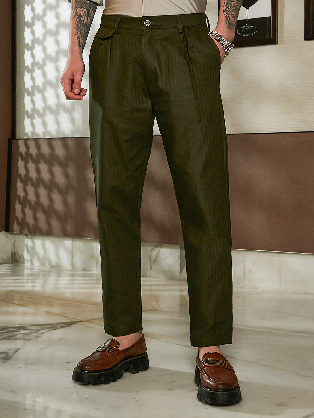 Campus Sutra Striped Tailored Trousers