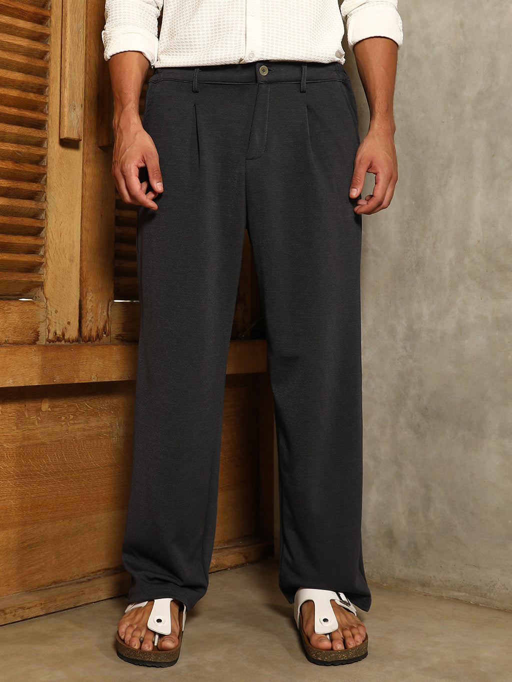 Campus Sutra Micro-Waffle Straight-Leg Trousers