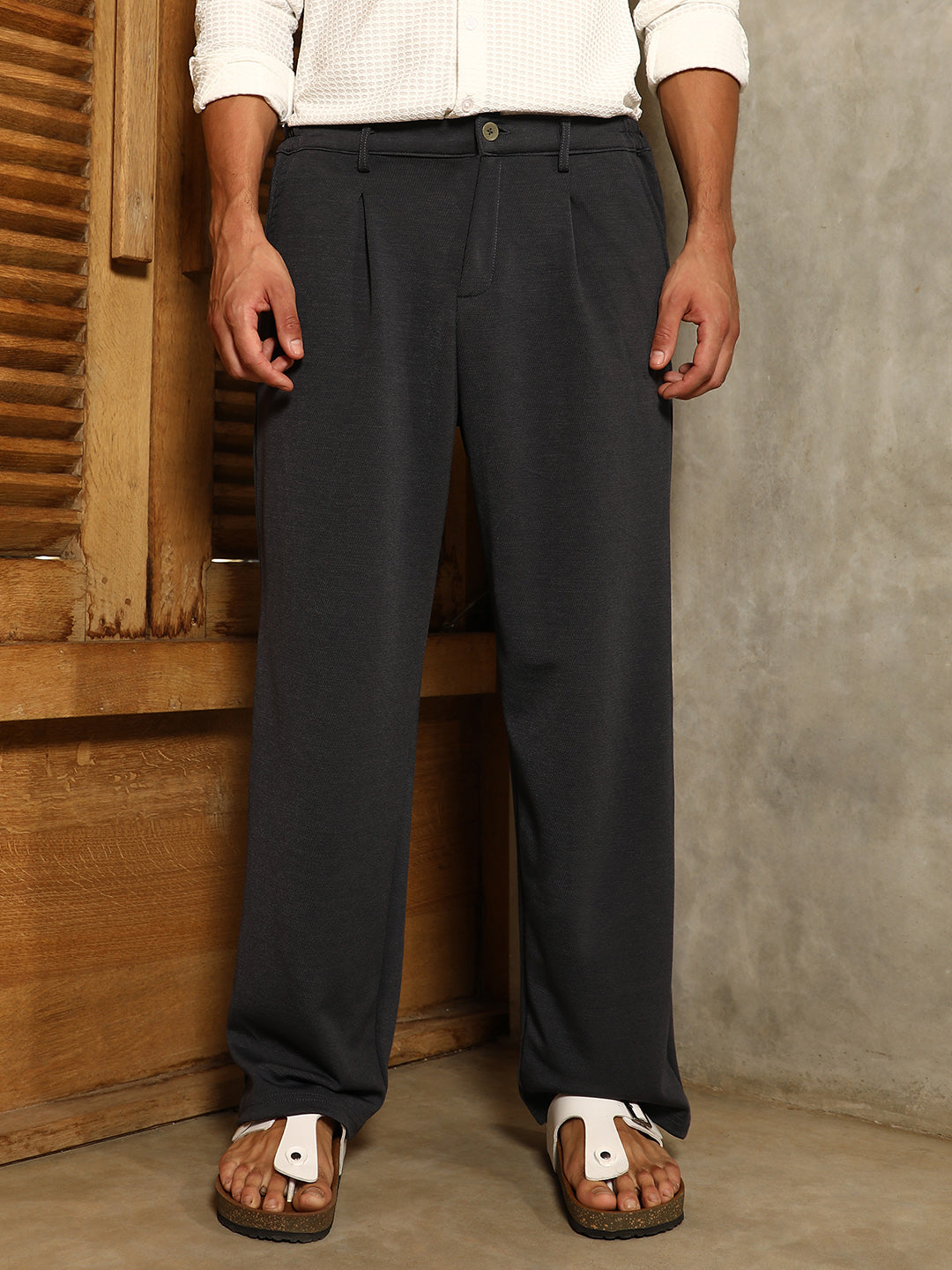 Campus Sutra Micro-Waffle Straight-Leg Trousers