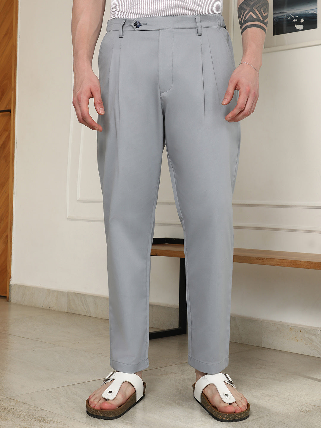 Campus Sutra Grey Pleated Trousers